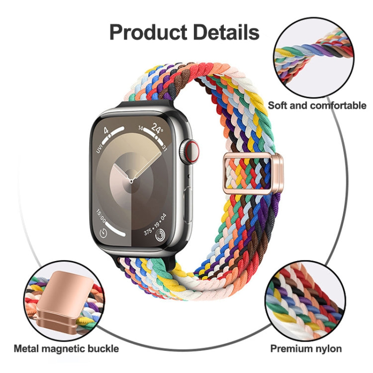 For Apple Watch SE 44mm Slim Magnetic Buckle Nylon Braided Watch Band(Z Pattern White Rainbow)