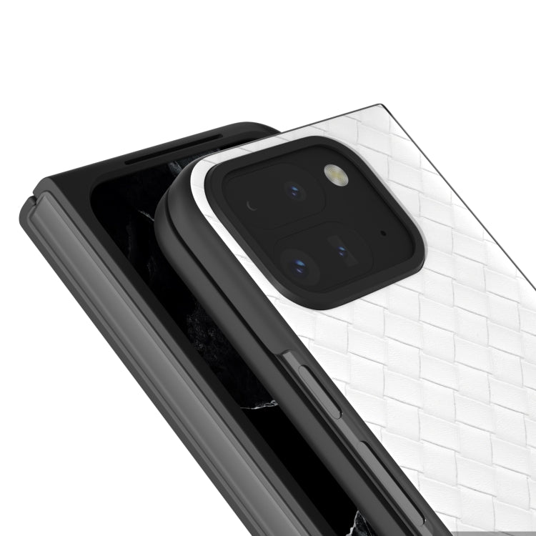 For Google Pixel 9 Pro Fold Black Frame Woven Texture PU Phone Case(White)