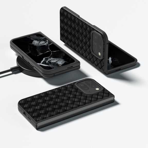 For Google Pixel 9 Pro Fold Black Frame Woven Texture PU Phone Case(Black)