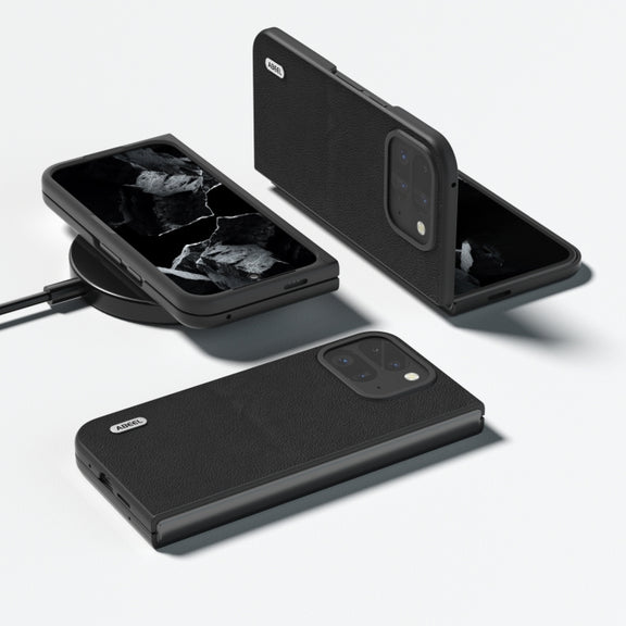 For Google Pixel 9 Pro Fold ABEEL Genuine Leather Wave Black Edge Phone Case(Black)
