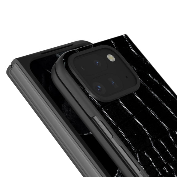 For Google Pixel 9 Pro Fold ABEEL Genuine Leather Crocodile Pattern Black Edge Phone Case(Black)