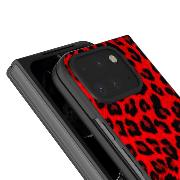 For Google Pixel 9 Pro Fold Black Frame Leopard Full Coverage Phone Case(Red Leopard)