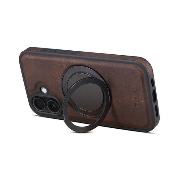 For iPhone 16 Plus Denior A14 Skin Feel Rotating Holder MagSafe Phone Case(Brown)