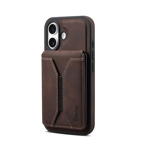 For iPhone 16 Plus Denior D18 Skin Feel Rotating Holder MagSafe Detachable Card Slot Phone Case(Brown)