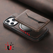 For iPhone 16 Plus Denior D18 Skin Feel Rotating Holder MagSafe Detachable Card Slot Phone Case(Brown)