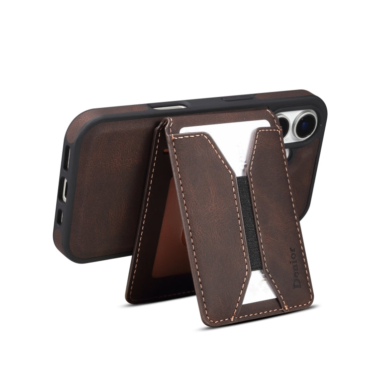 For iPhone 16 Plus Denior D18 Skin Feel Rotating Holder MagSafe Detachable Card Slot Phone Case(Brown)
