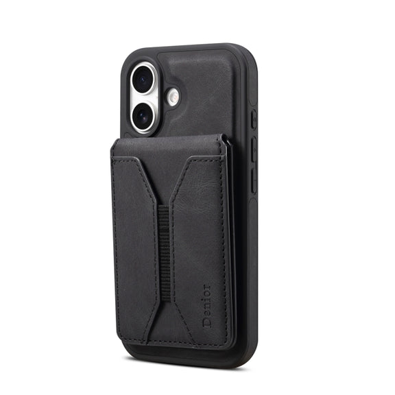 For iPhone 16 Plus Denior D18 Skin Feel Rotating Holder MagSafe Detachable Card Slot Phone Case(Black)