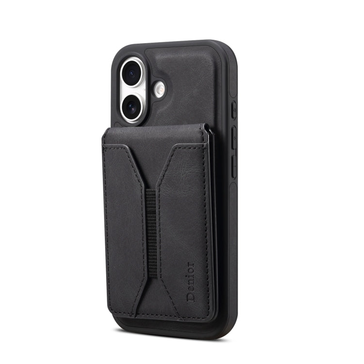 For iPhone 16 Plus Denior D18 Skin Feel Rotating Holder MagSafe Detachable Card Slot Phone Case(Black)