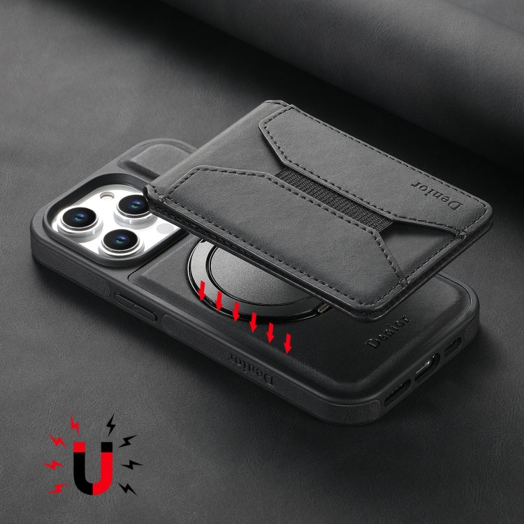 For iPhone 16 Plus Denior D18 Skin Feel Rotating Holder MagSafe Detachable Card Slot Phone Case(Black)