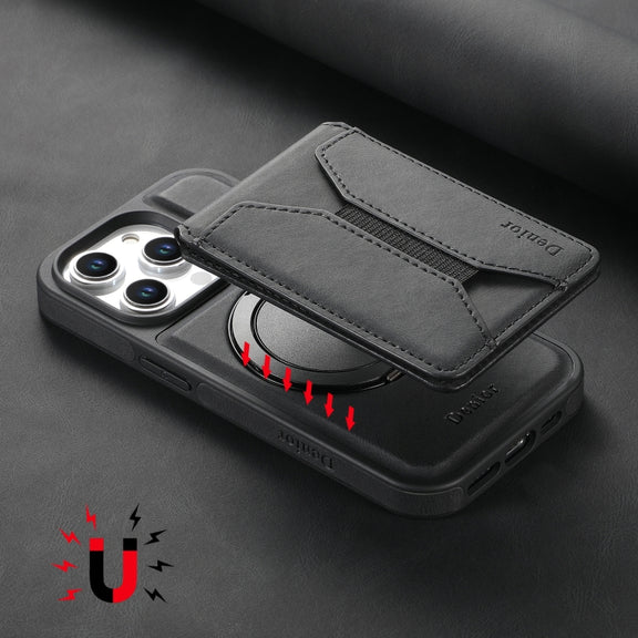 For iPhone 16 Plus Denior D18 Skin Feel Rotating Holder MagSafe Detachable Card Slot Phone Case(Black)