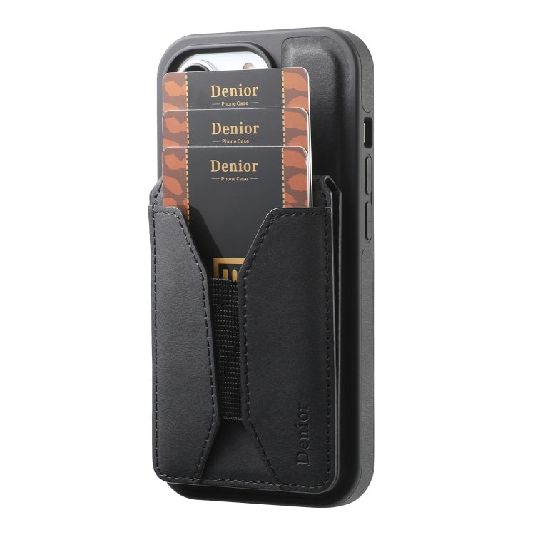 For iPhone 16 Plus Denior D18 Skin Feel Rotating Holder MagSafe Detachable Card Slot Phone Case(Black)