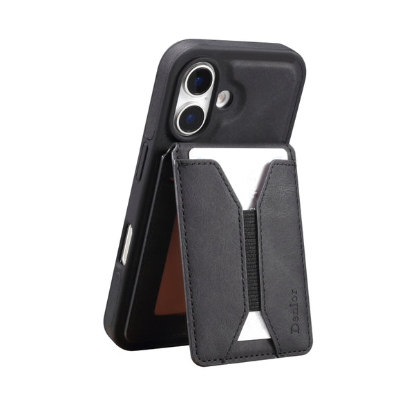 For iPhone 16 Plus Denior D18 Skin Feel Rotating Holder MagSafe Detachable Card Slot Phone Case(Black)