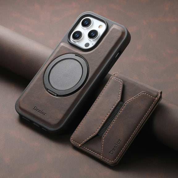 For iPhone 16 Pro Denior D18 Skin Feel Rotating Holder MagSafe Detachable Card Slot Phone Case(Brown)