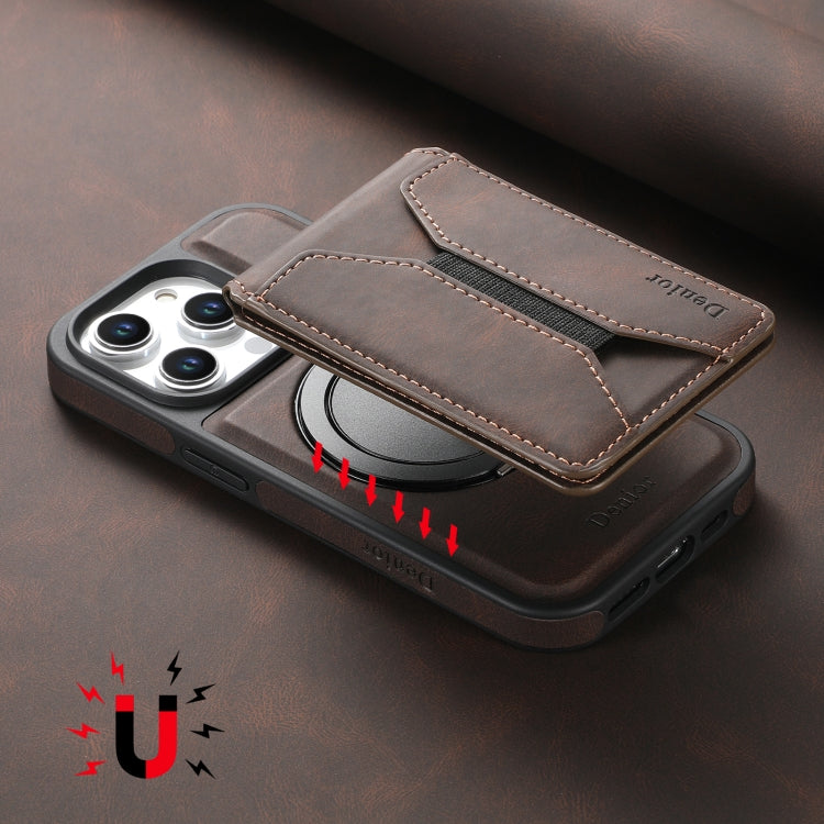 For iPhone 16 Pro Denior D18 Skin Feel Rotating Holder MagSafe Detachable Card Slot Phone Case(Brown)