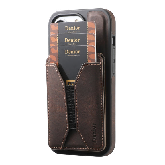 For iPhone 16 Pro Denior D18 Skin Feel Rotating Holder MagSafe Detachable Card Slot Phone Case(Brown)