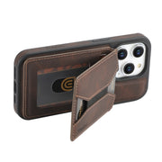For iPhone 16 Pro Denior D18 Skin Feel Rotating Holder MagSafe Detachable Card Slot Phone Case(Brown)