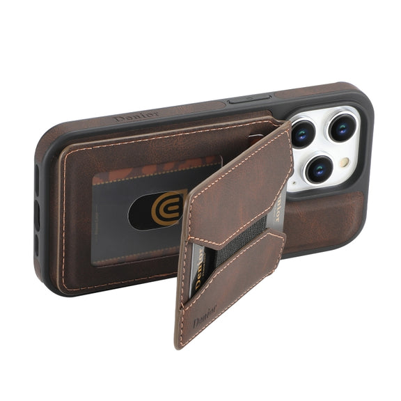 For iPhone 16 Pro Denior D18 Skin Feel Rotating Holder MagSafe Detachable Card Slot Phone Case(Brown)