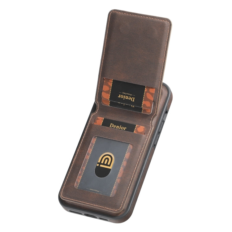 For iPhone 16 Pro Denior D18 Skin Feel Rotating Holder MagSafe Detachable Card Slot Phone Case(Brown)