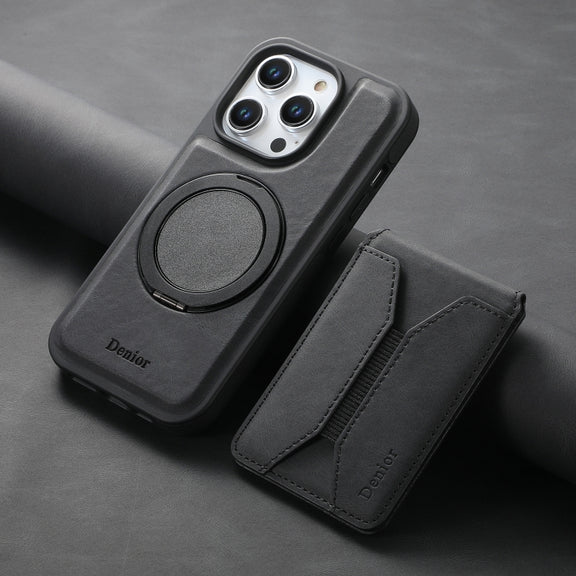 For iPhone 16 Pro Max Denior D18 Skin Feel Rotating Holder MagSafe Detachable Card Slot Phone Case(Black)