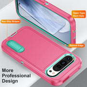 For Google Pixel 9 Pro Rugged PC + Silicone Phone Case with Holder(Rose Red+Light Green)
