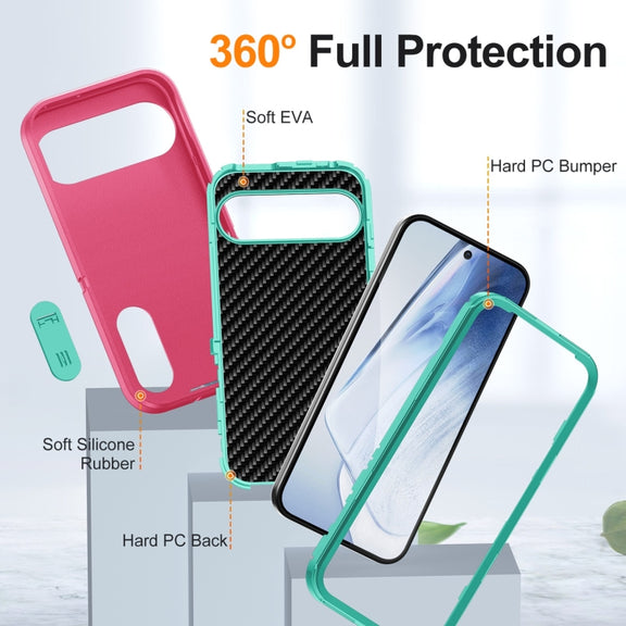 For Google Pixel 9 Pro Rugged PC + Silicone Phone Case with Holder(Rose Red+Light Green)