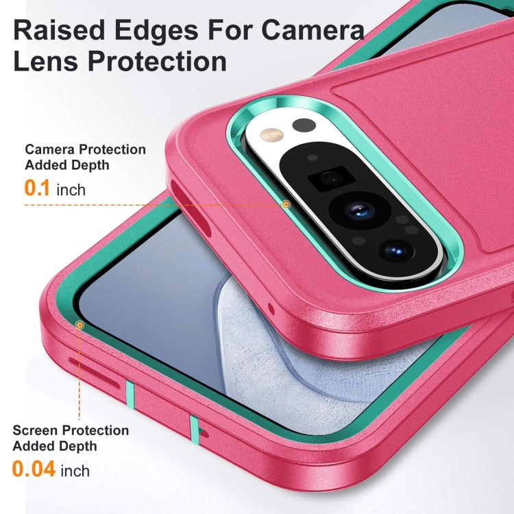 For Google Pixel 9 Pro Rugged PC + Silicone Phone Case with Holder(Rose Red+Light Green)