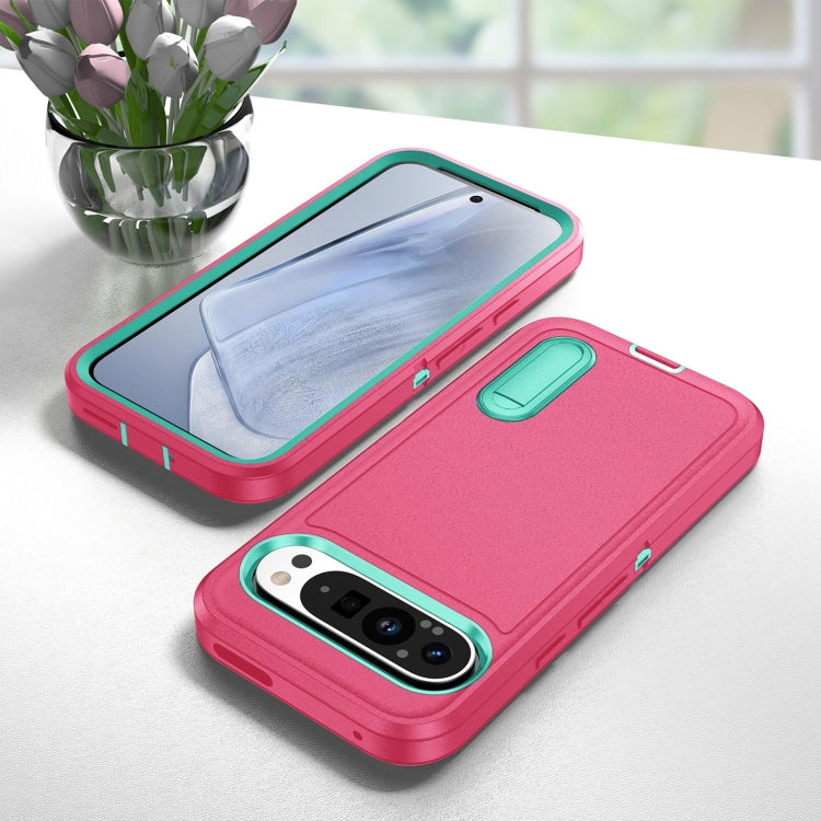 For Google Pixel 9 Pro Rugged PC + Silicone Phone Case with Holder(Rose Red+Light Green)