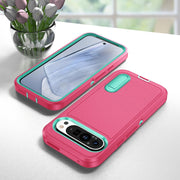 For Google Pixel 9 Pro Rugged PC + Silicone Phone Case with Holder(Rose Red+Light Green)