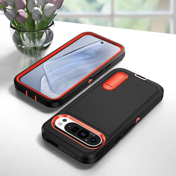 For Google Pixel 9 Pro Rugged PC + Silicone Phone Case with Holder(Black+Orange)