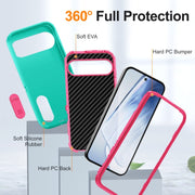 For Google Pixel 9 Pro Rugged PC + Silicone Phone Case with Holder(Light Green+Rose Red)