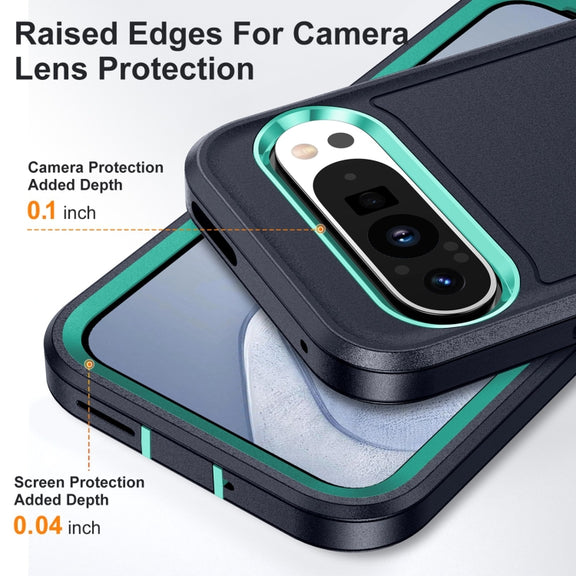 For Google Pixel 9 Pro Rugged PC + Silicone Phone Case with Holder(Dark Blue+Light Green)