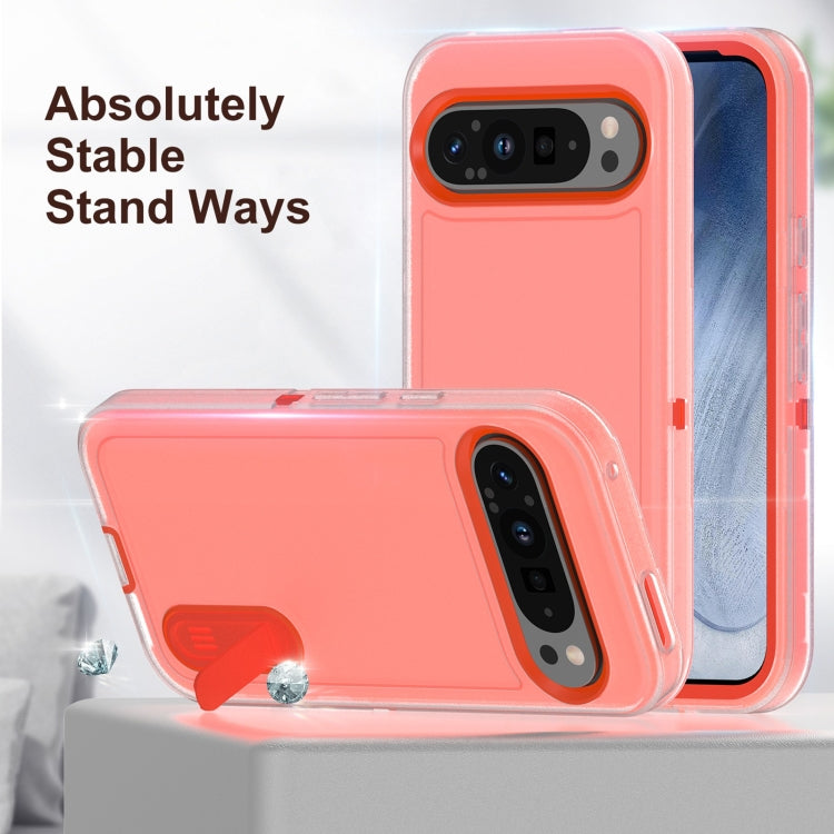 For Google Pixel 9 Pro Rugged PC + Silicone Phone Case with Holder(Transparent+Orange)