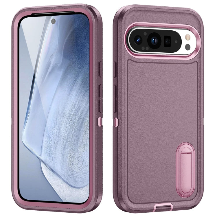 For Google Pixel 9 Pro Rugged PC + Silicone Phone Case with Holder(Purple+Pink)