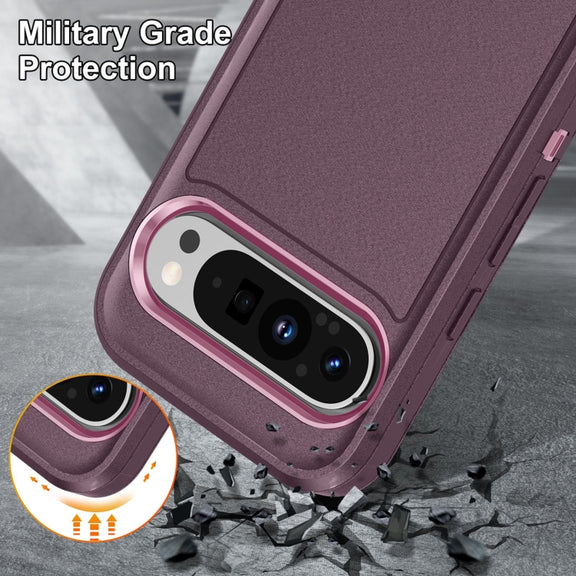 For Google Pixel 9 Pro Rugged PC + Silicone Phone Case with Holder(Purple+Pink)
