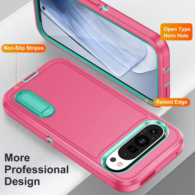 For Google Pixel 9 Rugged PC + Silicone Phone Case with Holder(Rose Red+Light Green)