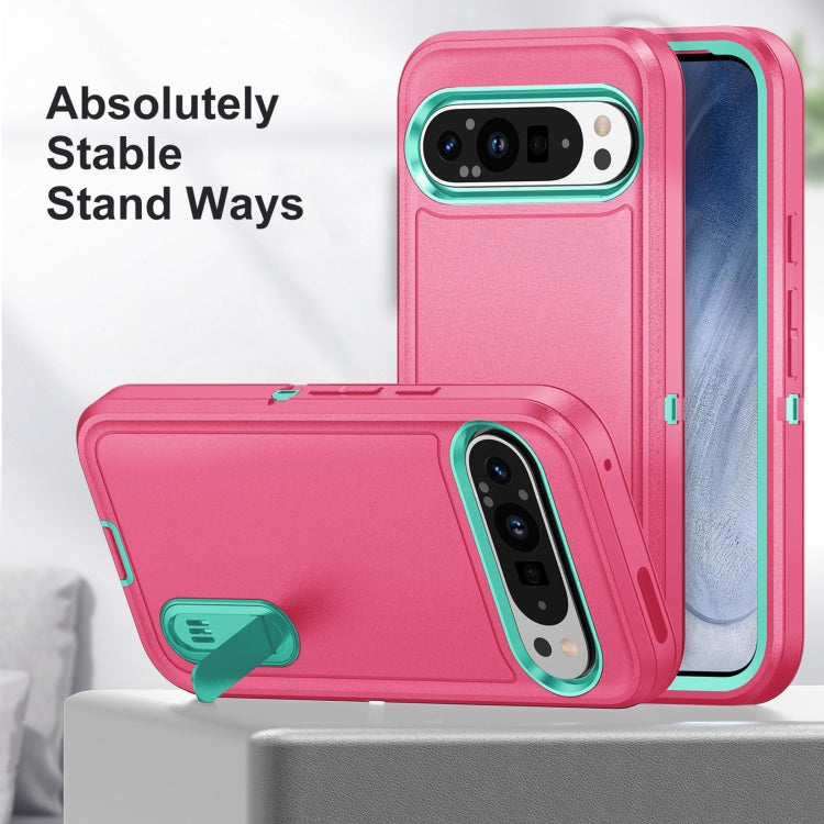 For Google Pixel 9 Rugged PC + Silicone Phone Case with Holder(Rose Red+Light Green)