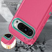 For Google Pixel 9 Rugged PC + Silicone Phone Case with Holder(Rose Red+Light Green)