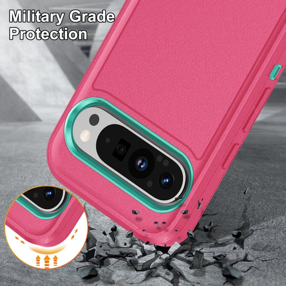 For Google Pixel 9 Rugged PC + Silicone Phone Case with Holder(Rose Red+Light Green)