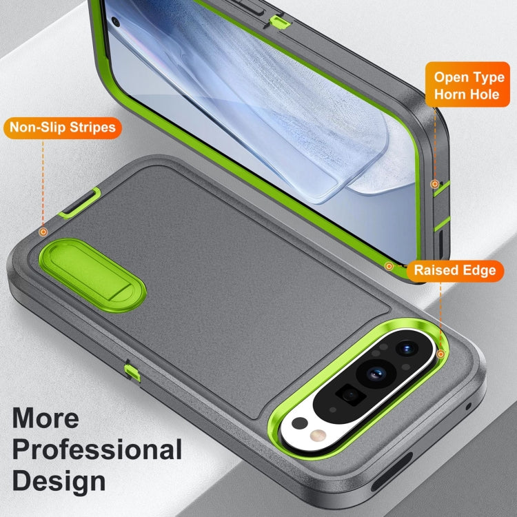 For Google Pixel 9 Rugged PC + Silicone Phone Case with Holder(Grey+Fresh Green)