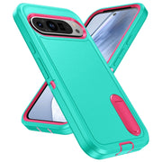 For Google Pixel 9 Rugged PC + Silicone Phone Case with Holder(Light Green+Rose Red)