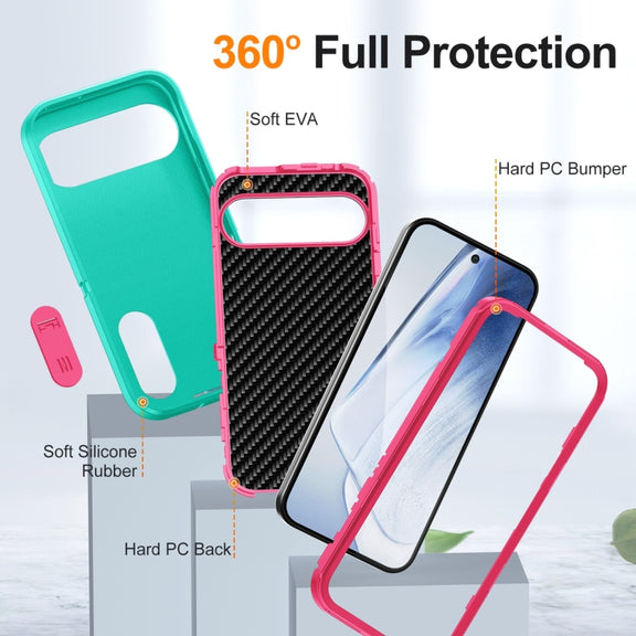 For Google Pixel 9 Rugged PC + Silicone Phone Case with Holder(Light Green+Rose Red)