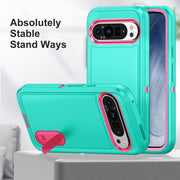 For Google Pixel 9 Rugged PC + Silicone Phone Case with Holder(Light Green+Rose Red)