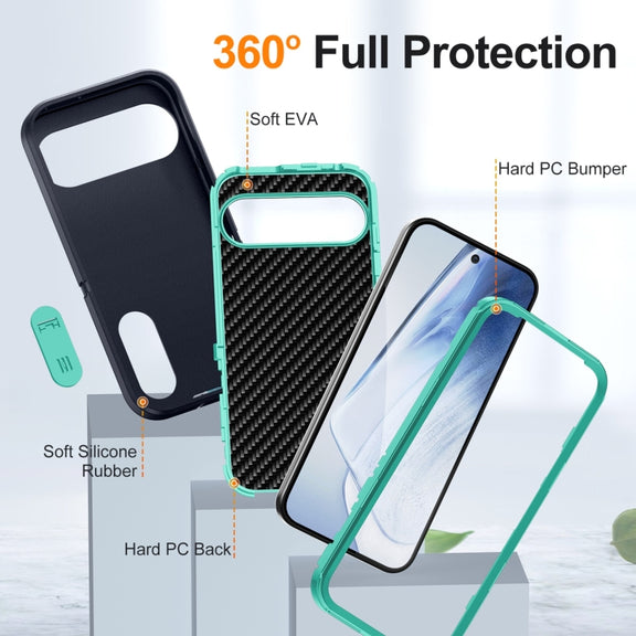 For Google Pixel 9 Rugged PC + Silicone Phone Case with Holder(Dark Blue+Light Green)