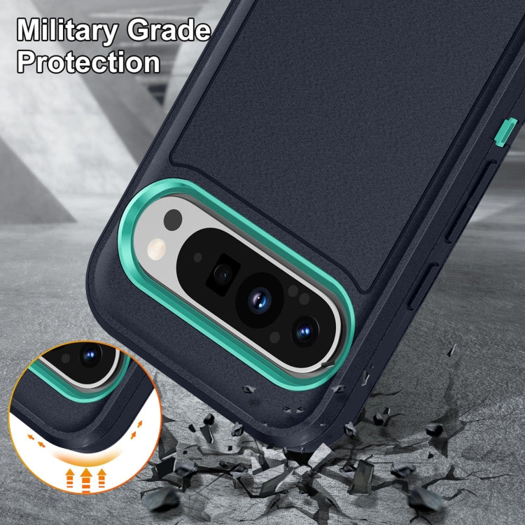 For Google Pixel 9 Rugged PC + Silicone Phone Case with Holder(Dark Blue+Light Green)