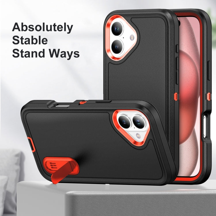 For iPhone 16 Plus Rugged PC + Silicone Phone Case with Holder(Black+Orange)
