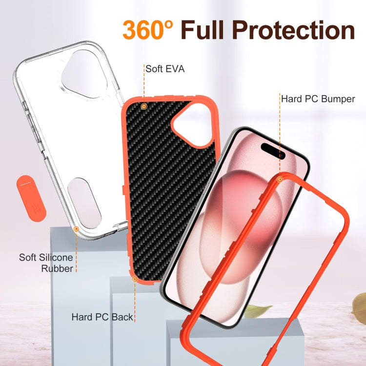 For iPhone 16 Rugged PC + Silicone Phone Case with Holder(Transparent+Orange)