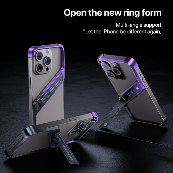 For iPhone 14 Pro S-shaped Stand Frameless Metal Phone Case(Black Purple)
