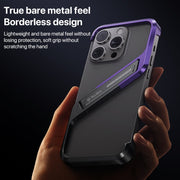 For iPhone 14 Pro S-shaped Stand Frameless Metal Phone Case(Black Purple)