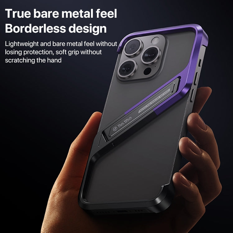 For iPhone 16 S-shaped Stand Frameless Metal Phone Case(Black Purple)
