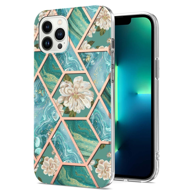 For iPhone 16 Pro Max Splicing Marble Flower IMD TPU Phone Case(Blue Flower)